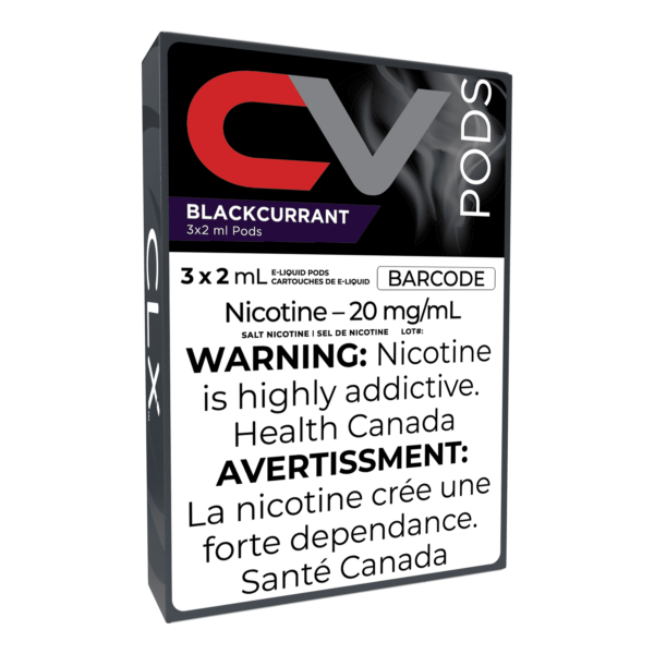 CV Pods, CLX Pods, Black Currant Ice, nic salt.