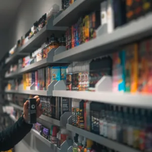 Vape shop shelf with flavoured e-liquids banned in Quebec.