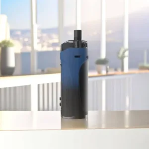 A blue Kroma Z vape on a balcony tabletop.